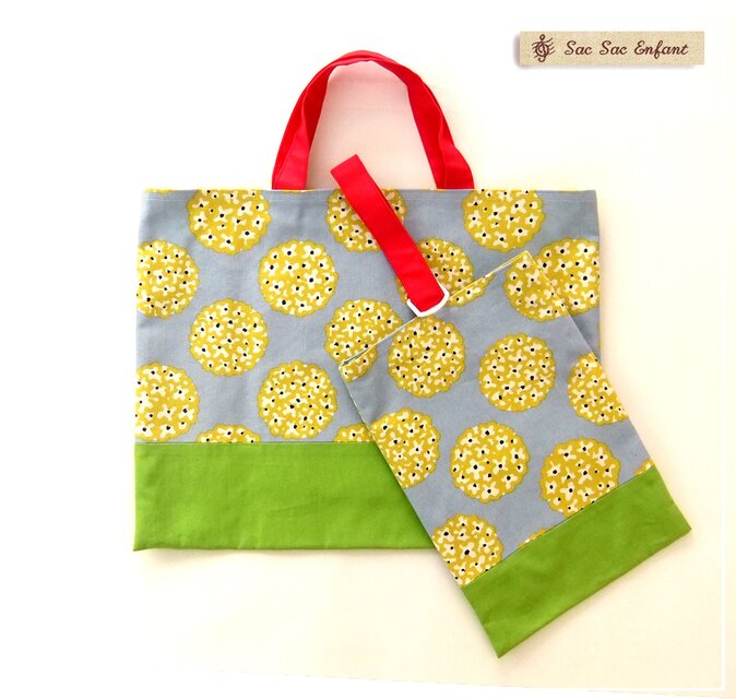 レッスンバッグ＆シューズバッグ 　丸い花＆グリーン 『特別価格品・送料無料』