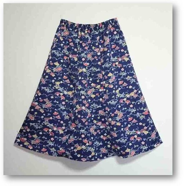 149＊1点物　扇子柄小紋着物リメイクギャザーフレアスカート（6枚ロング丈）