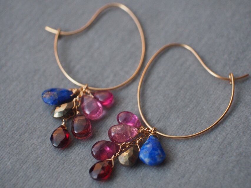 14kgf カラフルジェムピアスピンクトルマリンラピスラズリガーネットパイライト k14gf　