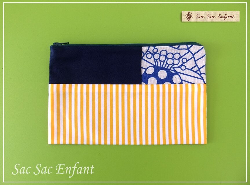 フラットポーチ Ｍサイズ　Ligne Fleur (リーニュ・フルール）ストライプ・パッチワーク