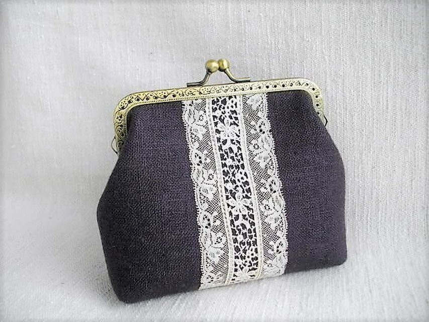 アンティークレース＆パープルリネンがま口１２