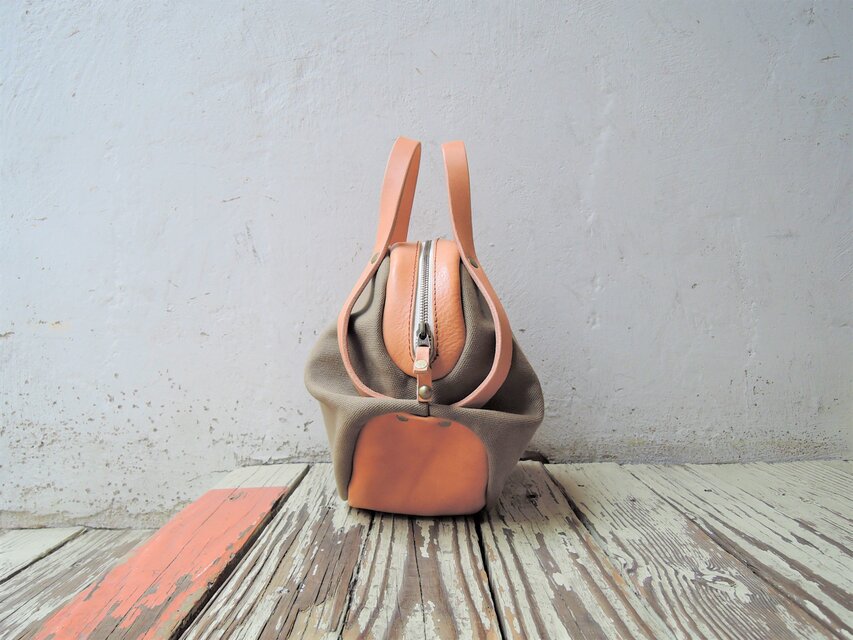 ORZO】神戸 4号帆布xヌメ革ボストンバッグS カーキxベージュ OR531c S