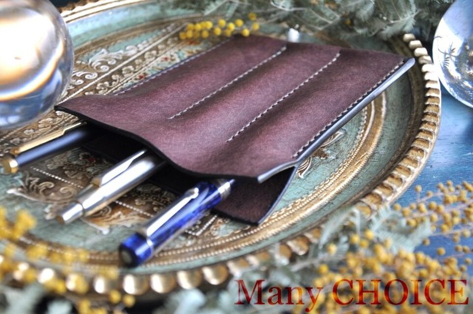 イタリアンレザー・革新のプエブロ・3本差しペンケース（ショコラ）