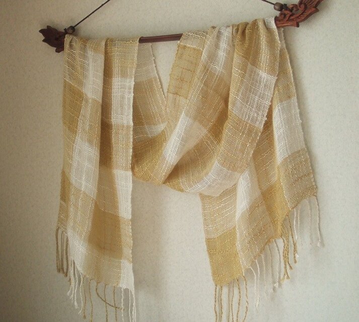 手織りシルク×リネンのストール・・ギンガムからし