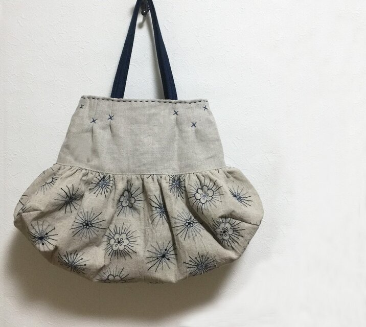 青い刺繍模様のバルーン型かばん