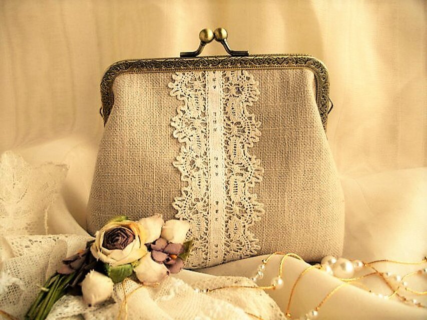 アンティークレース＆エクリュリネンがま口１２