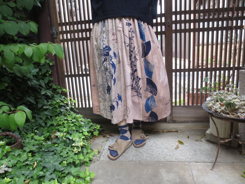 手ぬぐいリメイク☆嬉しい楽しい涼しい柿渋スカート７９㎝丈