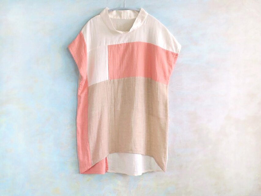 色つなぎガーゼトップス【紅茶のシフォン】一点もの