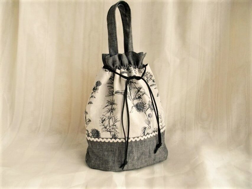 黒系ダンガリーリネン&綿麻プリント巾着バッグ