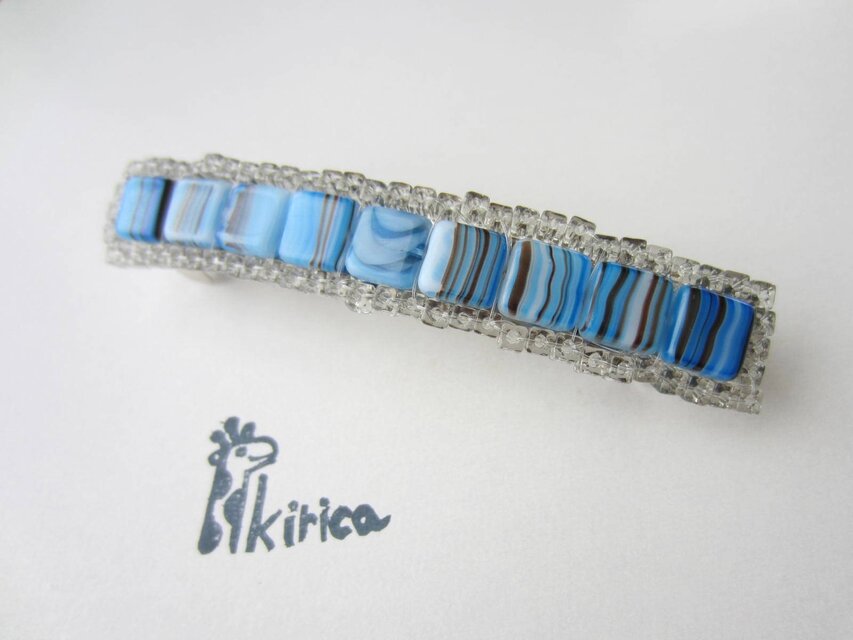 チェコスクエア・縞ブルーのバレッタ(受注製作)