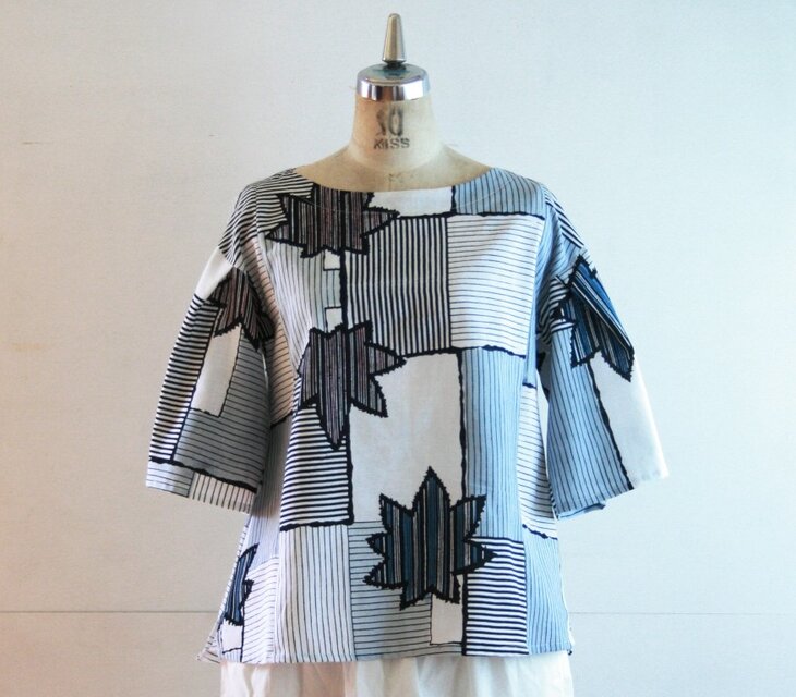 浴衣地　紅葉ストライプのゆったりブラウス　Ｌサイズ