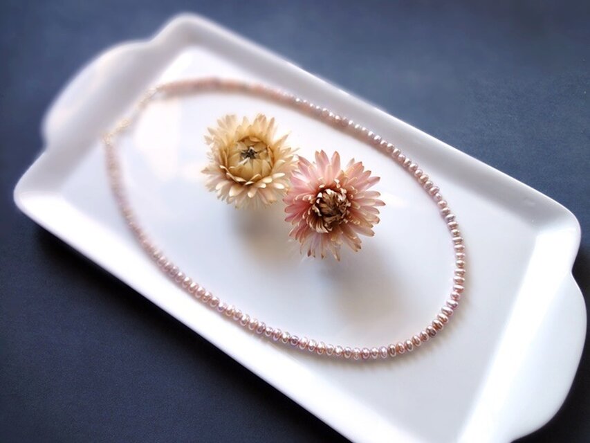 淡水パールのネックレス ■ 14KGF ピンク ■ クラシックピンク　縞入りポテト　4mm