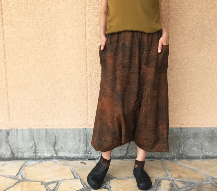 きものリメイク、サルエルパンツ、ダークブラウン、フリーサイズ、オールシーズン