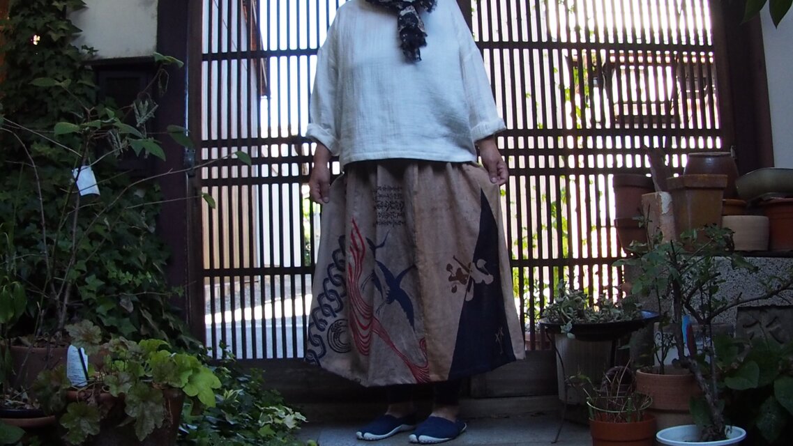 手ぬぐいリメイク☆染めた古手ぬぐいスカート☆民医連団結？楽しい77㎝丈