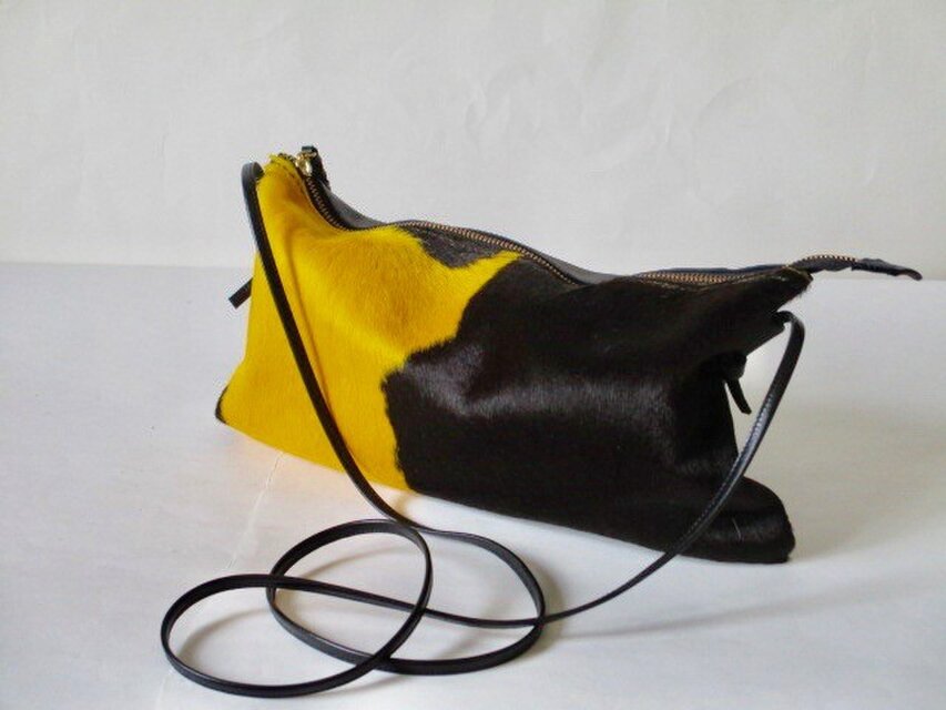 黄色x黒ハラコと羊革のポシェット2018-D