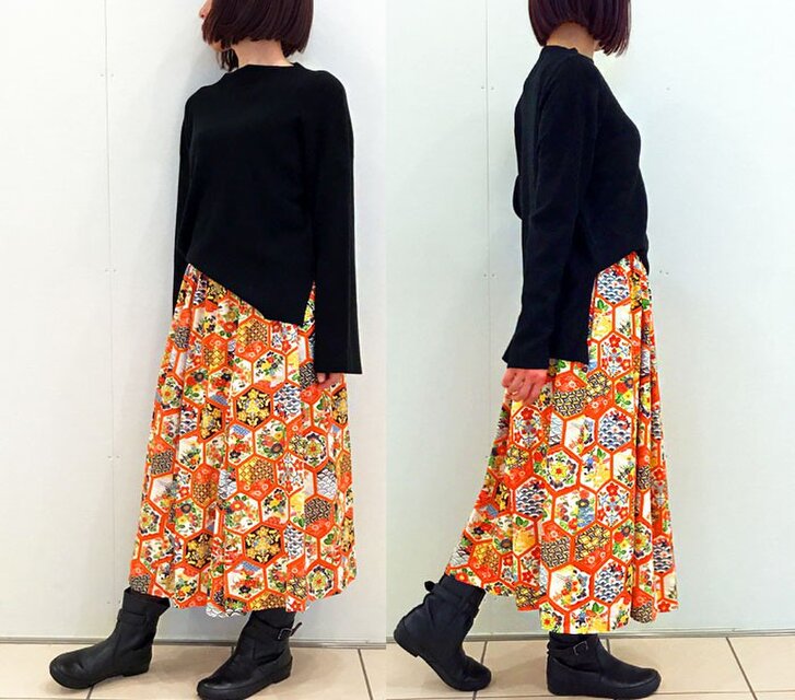 オレンジ！不規則重ねスカート☆レトロシャツ×デニム☆古着リメイク 着物リメイク 送料無料 橙色の元気スカート フレアスカート アトリエ