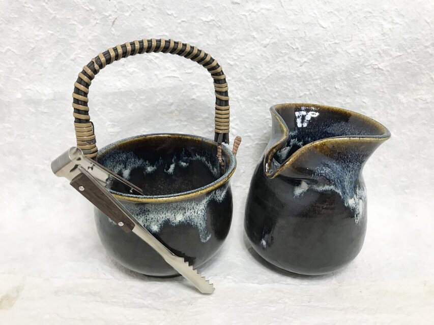 陶器 水割りセット大（アイスペール＋ピッチャー）青黒　トング付き