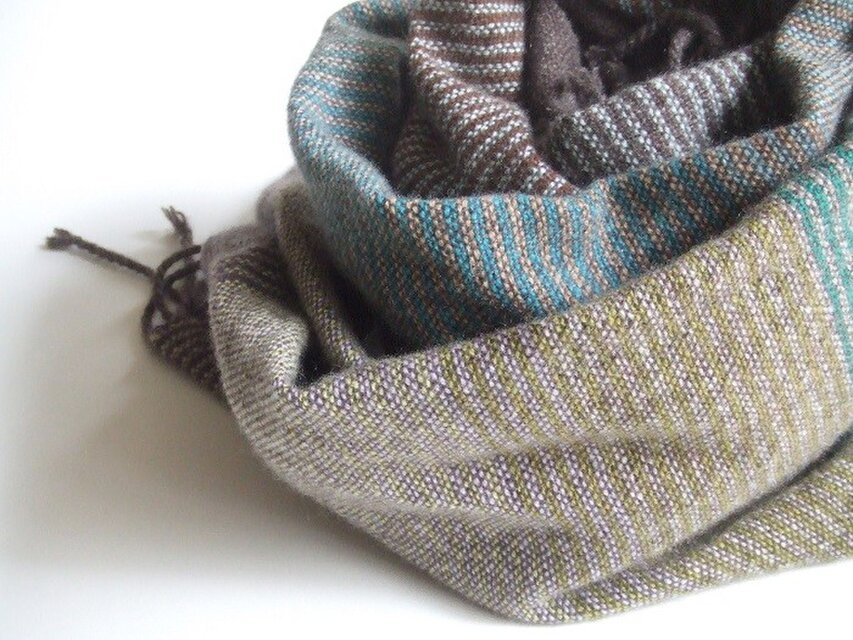 手織りカシミアストール・・茶と緑のしましま