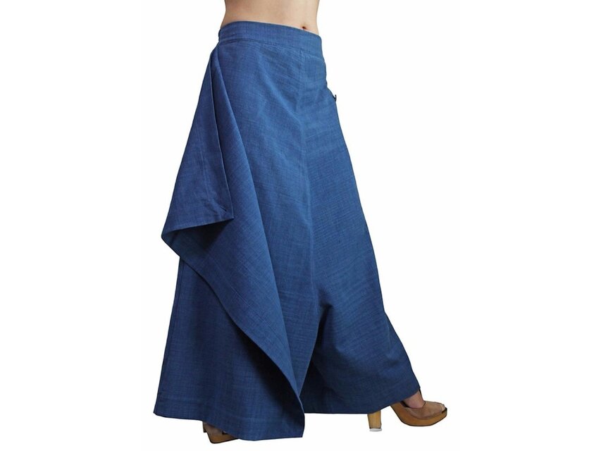 ジョムトン手織り綿の前掛け付きモン風ワイドパンツ インディゴ （PFS-047-03）