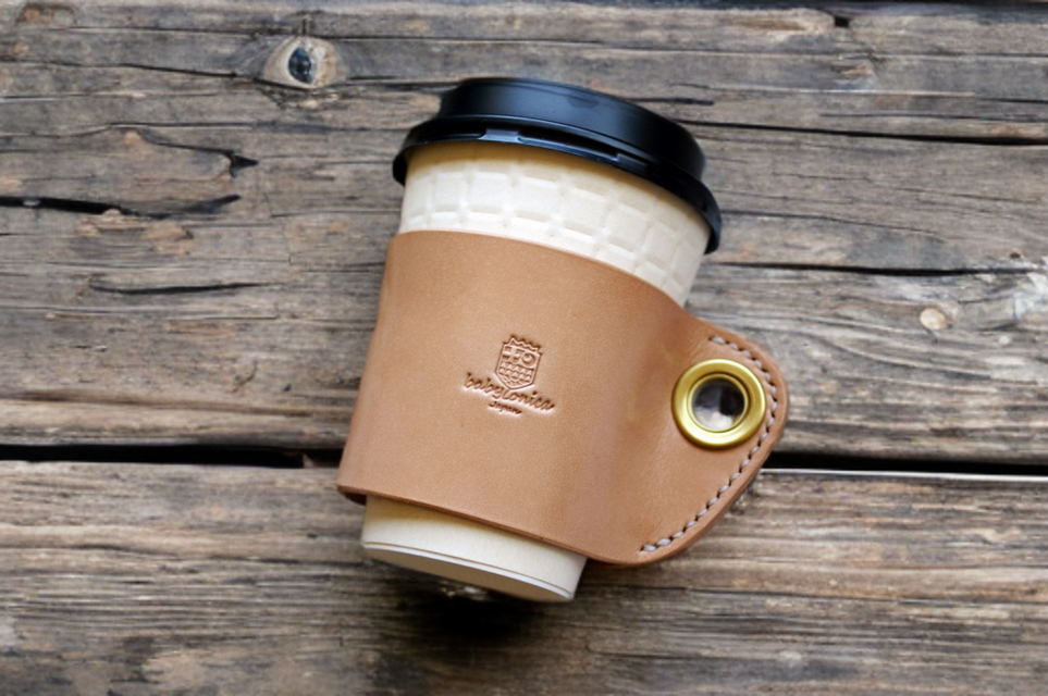 本革コーヒースリーブ 手持ち カバー 革スリーブ 手縫いヌメ革
