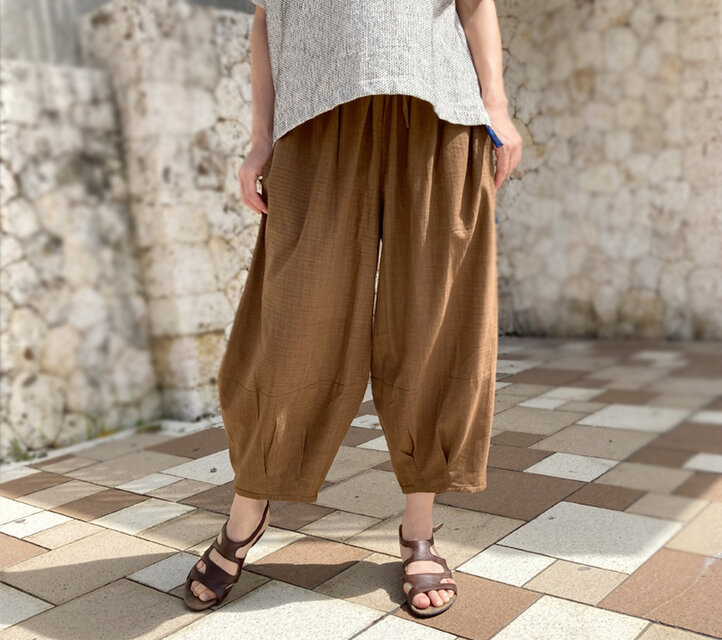 再販！新色!! MLサイズ対応、手織りコットンのもんぺパンツ、ブラウン