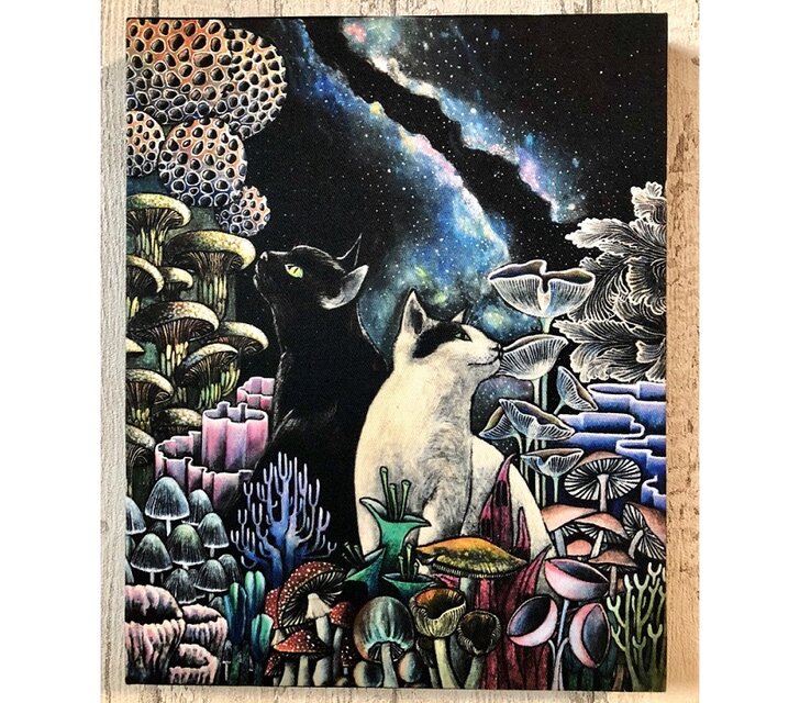 星月猫 アート「星降るキノコの森」絵画 F3 複製画 木製パネル貼り