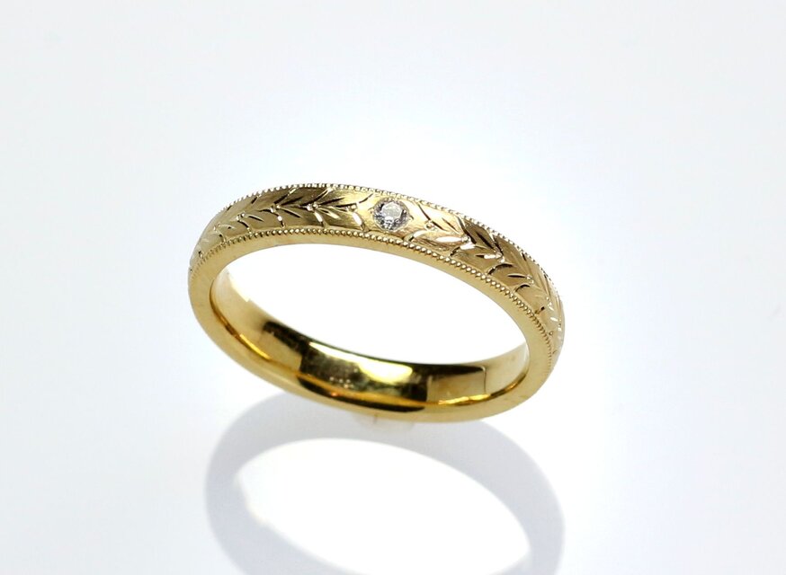 K18YG 手彫りリング(ダイヤモンド＆月桂樹)