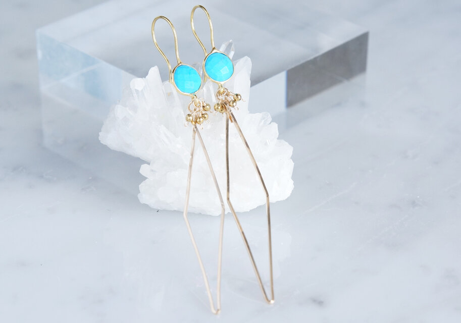 Long Dangle Earrings,Gemstone Turquoise -14KGF Diamond Shape-