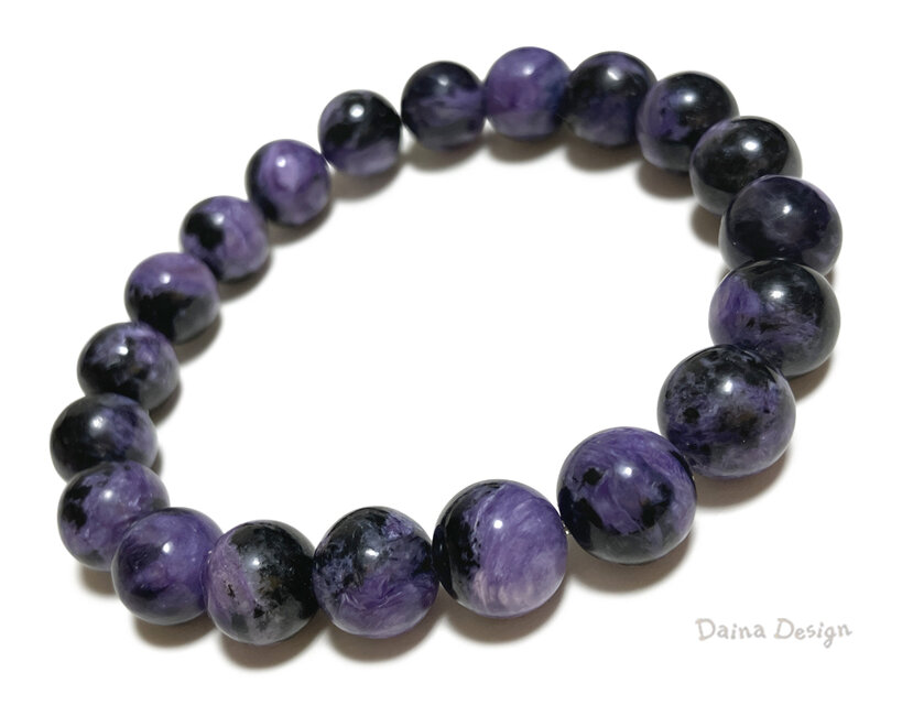 チャロアイト ブレスレット　紫 黒 マーブル　大粒 レア 天然石 ☆ ダイナ デザイン ☆ 10ミリ【4152】