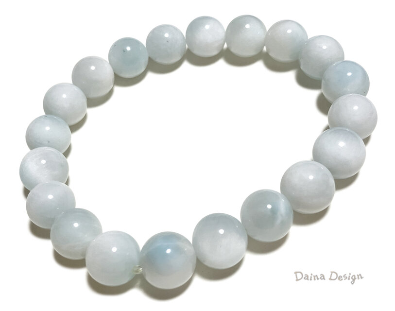 ラリマー ブレスレット　ホワイト アイス　白 水色 マーブル　レア 天然石 ☆ ダイナ デザイン ☆ 9ミリ