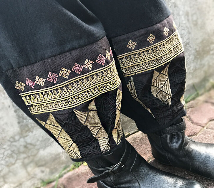 L～LLサイズ、ジョムトン手織り綿のもんぺ、ヤオ刺繍付きパンツ黒、オールシーズン