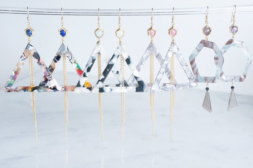 【Marble】14KGF Earrings,Gem Triangle-007-
