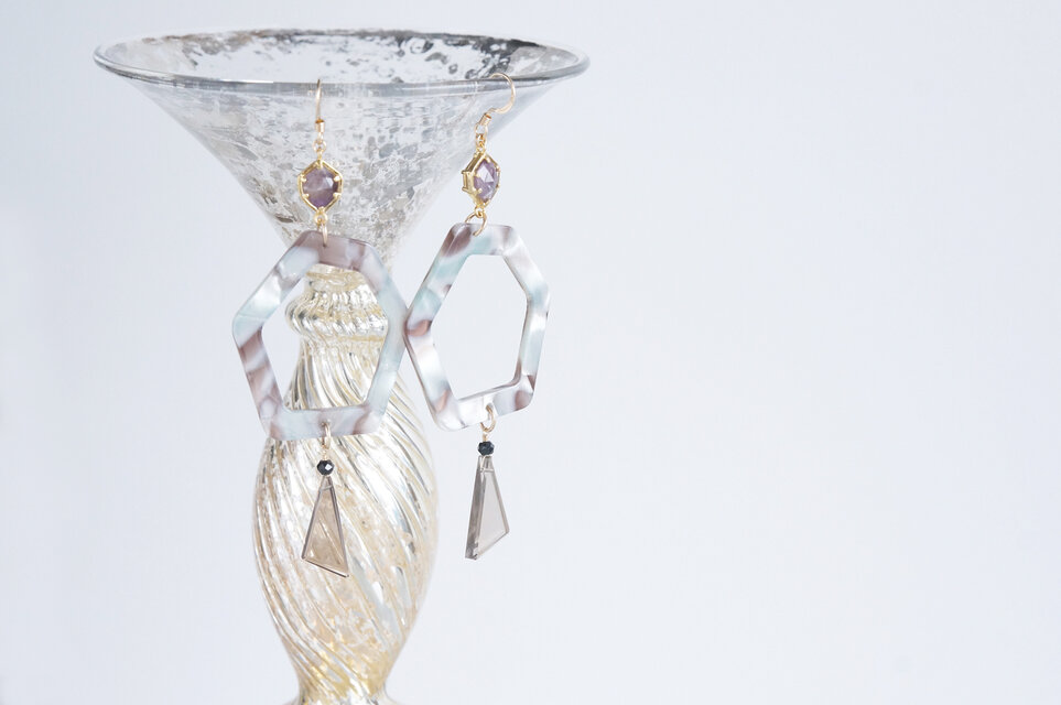 【Marble】14KGF Earrings,Gem Hexagon-008-