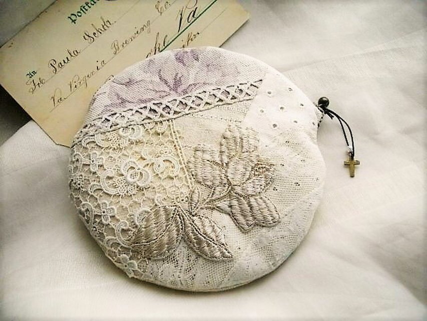 アンティークレースパッチワークポーチL