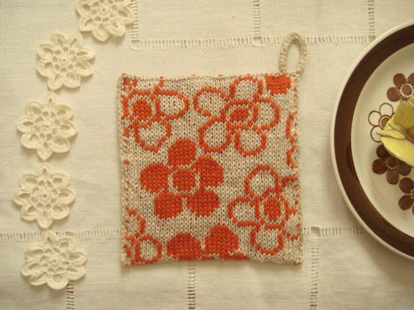 リネン花柄ポットホルダー＊ベージュXオレンジ(S)