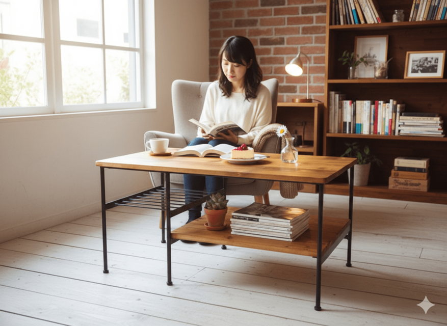 アイアン ウッド リビング ソファ ローテーブル （ 収納棚 付き