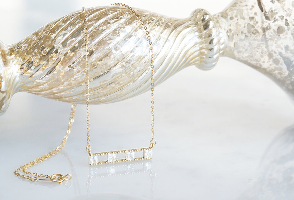 【14KGF】Necklace, Square CZ Double Long Bar