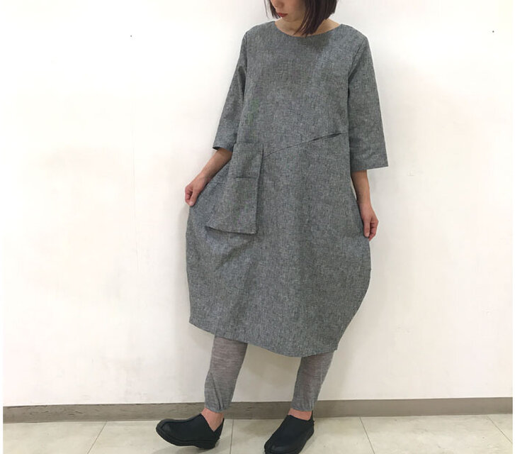 上質ソフトリネン、おとなのゆったりバルーンワンピース、グレーミックス
