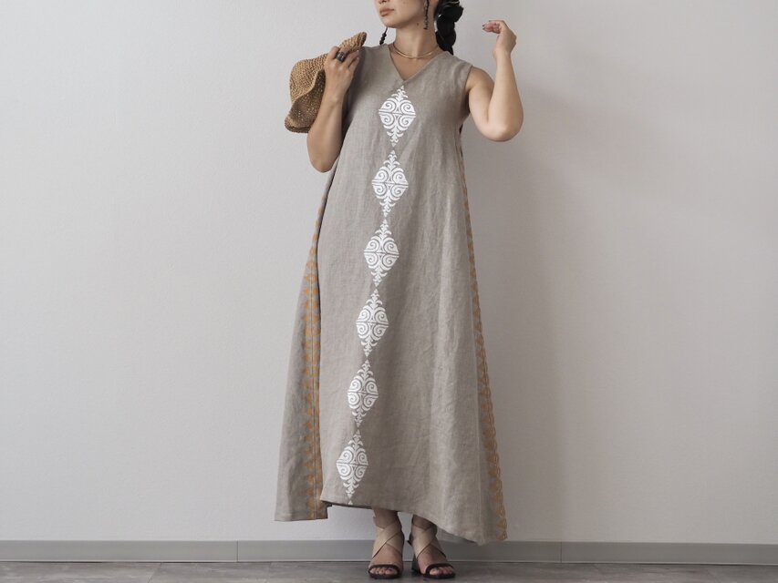 ブロックプリント/Aラインリネンロングワンピース