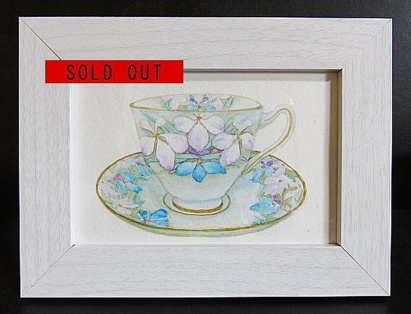 額付き水彩・原画「花柄のティーカップ」