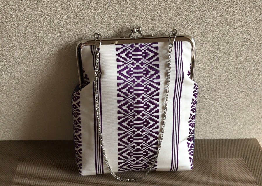 ★御朱印ケース　がま口タイプ 白×紫の涼やかな博多献上帯×レース地★