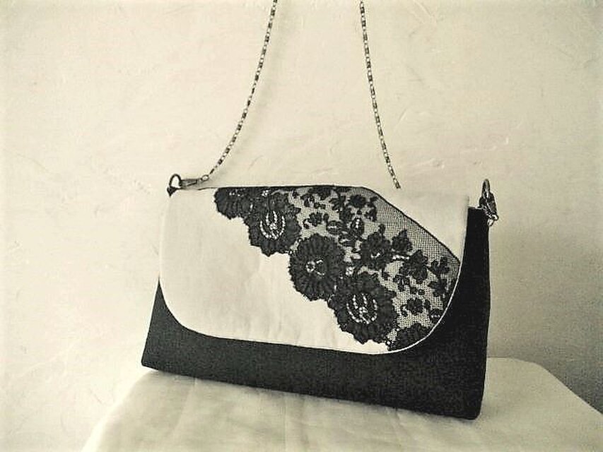 アンティークブラックレース黒リネンバッグ