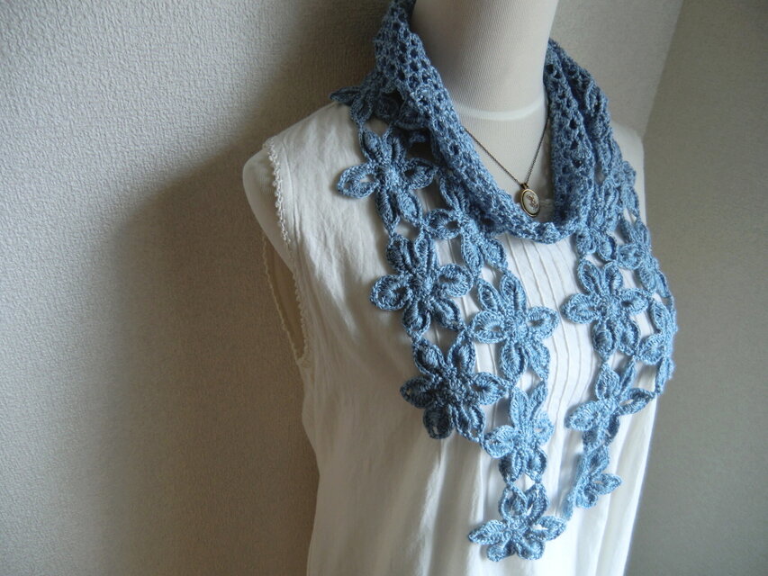 リネン　麻　お花のストール（メランジライトブルー）