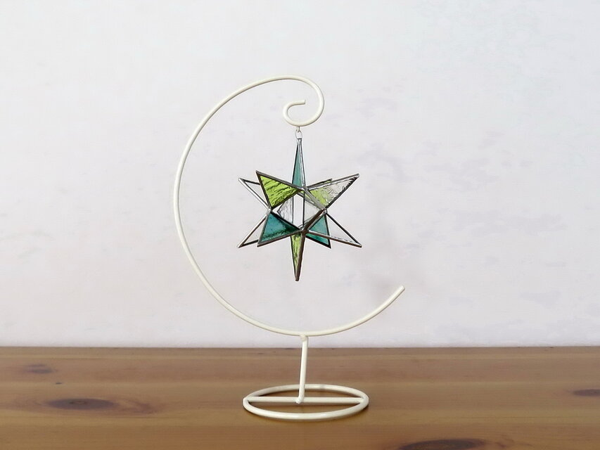 TV掲載作品色違い・ゆらゆらスター・星のサンキャッチャー・クリア×グリーン×イエロー・ステンドグラス・飾る用の土台付き　