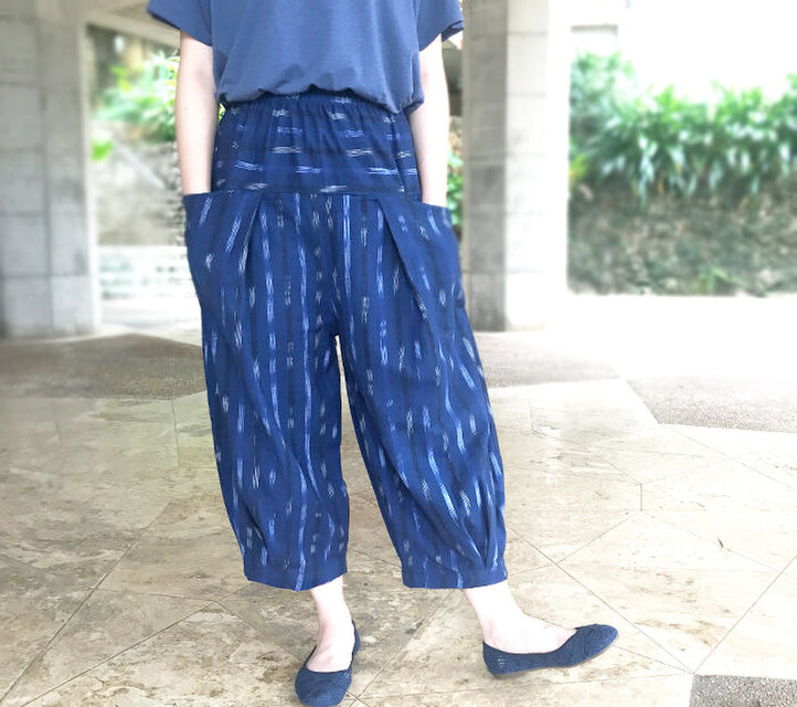 84㎝丈、小柄さんもかっこいいジョムトン手織り綿の絣織りもんぺパンツ、オールシーズン