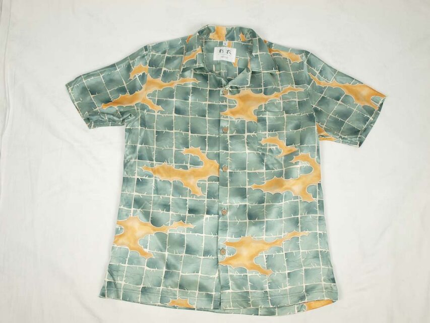 アロハシャツ 本物の着物地仕立て 着物 正絹 メンズ レディース ユニセックス 夏 海 総柄 半袖 灰青色地 抽象柄 Lサイズ