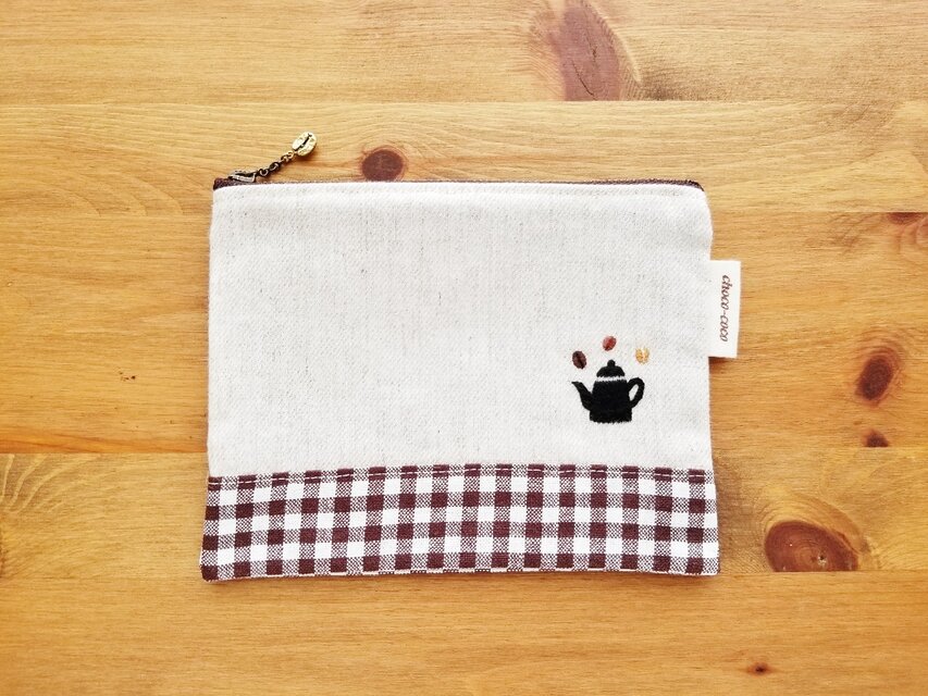 cafeポーチ(コーヒーポット・黒)【春夏限定】☆刺しゅう 小物入れ