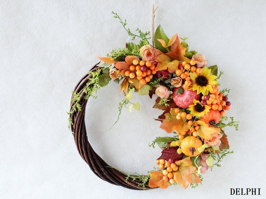 かぼちゃと実もののオータムリースB【アーティフィシャルフラワー】秋ギフト　秋色　お祝い　ハロウィン