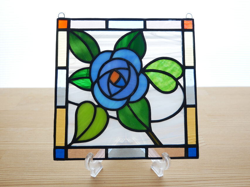ステンドグラス ミニパネル ブルーローズ 15cm