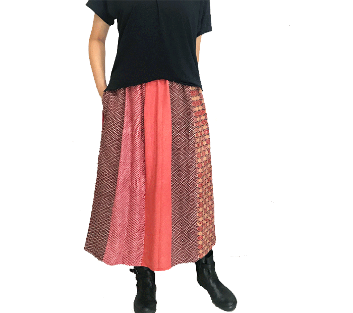きものリメイクのロングスカート、パッチワーク、ピンクミックス、オールシーズン